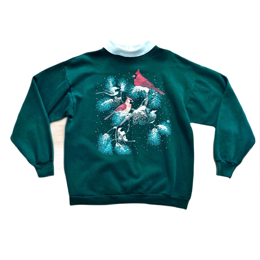 Vintage Birds Sweatshirt Size L Long Sleeve Cotton Cardinals Forest Green